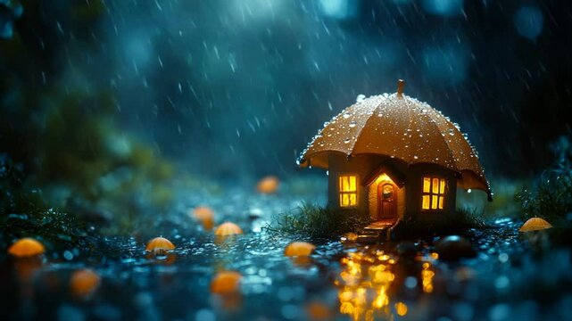 Miniature house sheltered by umbrella in rainy night.