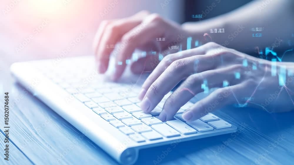 Poster typing on keyboard with financial data overlay concept for business analysis