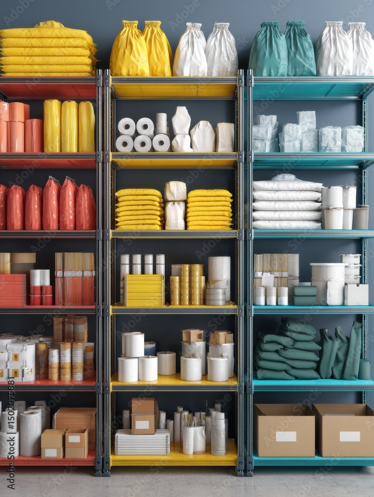 Poster Bright Mockup of a Hardware Store Shelf Featuring Various Packaged Materials in Organized Rows of Vibrant Colors