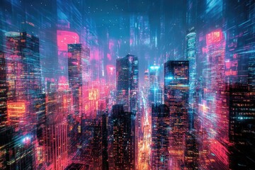 Fototapeta premium A vibrant, futuristic cityscape glows with neon lights, evoking a sense of technology and urban dynamism.