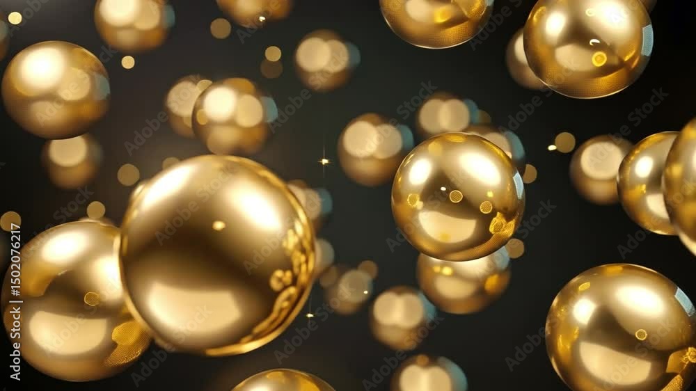 Poster floating golden spheres in dark background create shiny visual effect, evoking sense of luxury and e
