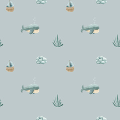 Fototapeta premium Watercolor Ocean Seamless Pattern with Cute Sea Animals, Submarine, Corals and Shells – Marine Kids Background., Underwater Watercolor Illustrations, Nursery Sea Fabric design. 