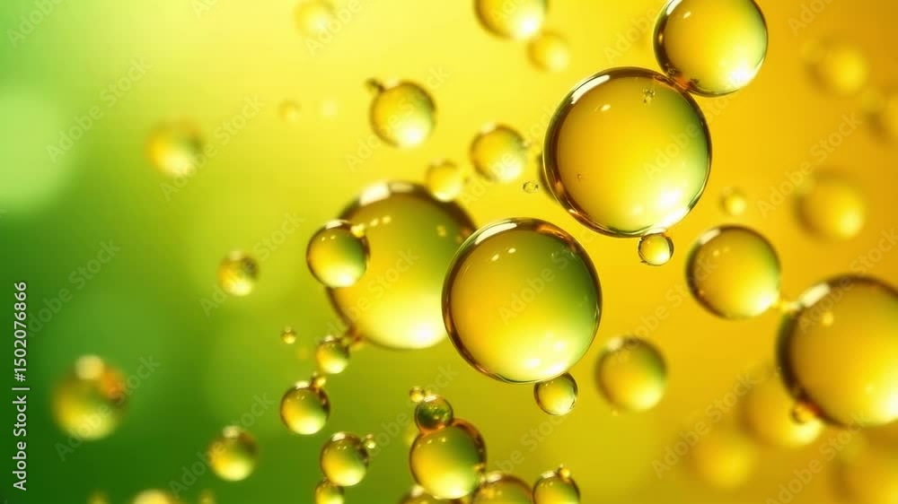 Poster golden oil bubbles gracefully float against a soft green backdrop creating an enchanting visual expe