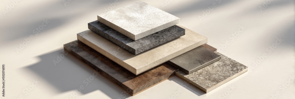 Poster ceramic tile palette stacked on light surface with open space above for design display or tile selec