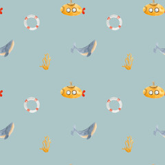 Watercolor Ocean Seamless Pattern with Cute Sea Animals, Submarine, Corals and Shells – Marine Kids Background., Underwater Watercolor Illustrations, Nursery Sea Fabric design.  