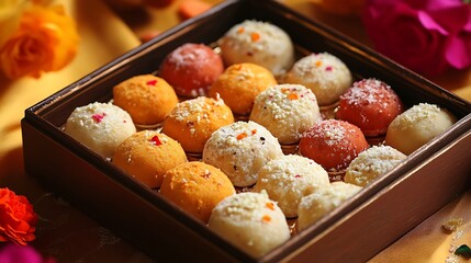 Assortment of colorful, round sweets in a wooden box.