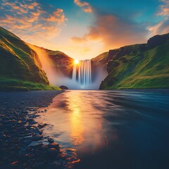 Majestic waterfall at sunrise, cascading down a mountain valley.