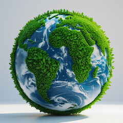 A vibrant 3D rendering of Earth, with continents richly textured in various shades of green leaves and oceans in bright blue and white, set against a soft, light background. Perfect for environmental,
