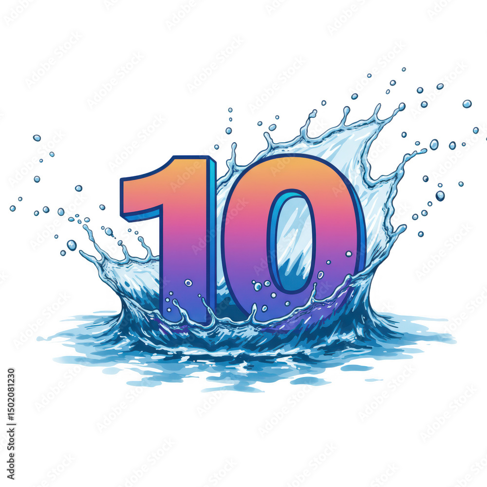 Poster number ten with water splash isolated on transparent background
