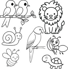 Line art Cartoon Animal Clipart Black and White Animal Coloring Page for Kids – Printable Jungle and Insect Outline Set for Kids – Jungle, Zoo, and Insect Friends