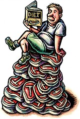 overweight man sits on a pile of steaks, reading an Atkins or Keto diet book.