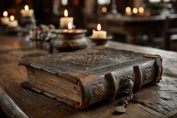 Antique Leather Book Illuminated by Candlelight in a Cozy Vintage Setting