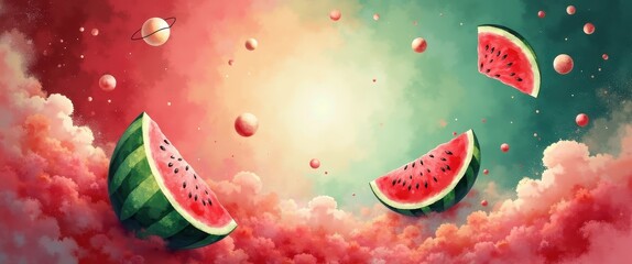 Three vibrant watermelon slices and several small pink spheres float amidst swirling red and green clouds, suggesting a fantastical, sweet dreamscape. National watermelon day
