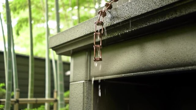 Serene Copper Rain Chain Cascading Water In A Japanese Garden Setting