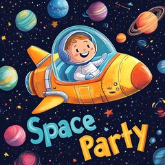 A child in a spacesuit pilots a bright yellow rocket ship through space.