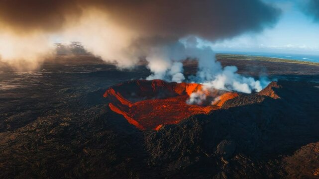 Volcano in an active state with bright red lava glowing. Geological formation and landmark. Vulcanology study subject.