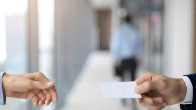 Business card exchange between colleagues in modern office background with corporate look