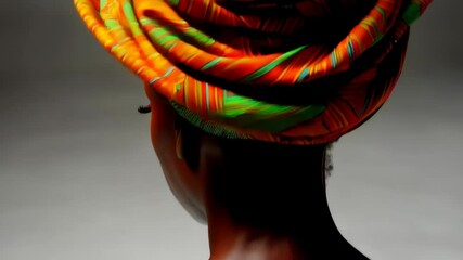 Close up of vibrant patterned head wrap in shades of orange, green, yellow and blue, textiles arranged to resemble a rose, colorful head covering