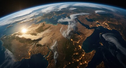 An ethereal satellite view of Earth at sunrise or sunset, revealing illuminated continents with city lights, dramatic clouds, and a bright sunburst on the horizon. Wallpaper, background