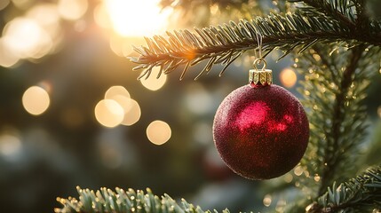 Christmas ornament on a tree branch in warm sunlight.