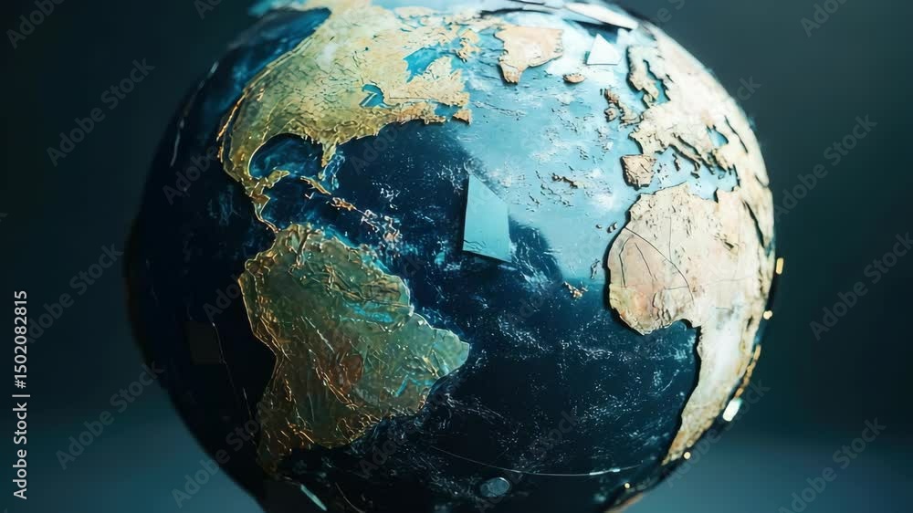 Poster battered globe with continents fragmenting, symbolizing environmental decay and global issues.