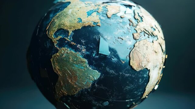 Battered globe with continents fragmenting, symbolizing environmental decay and global issues.