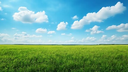 Wide expanse of vibrant green grass under a vast, partly cloudy sky.