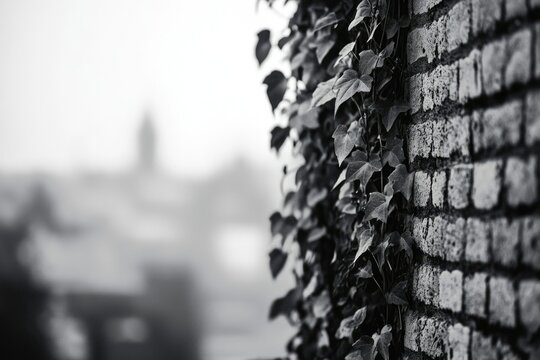 Ivy climbing a brick wall in black and white, with a blurred cityscape in the background.