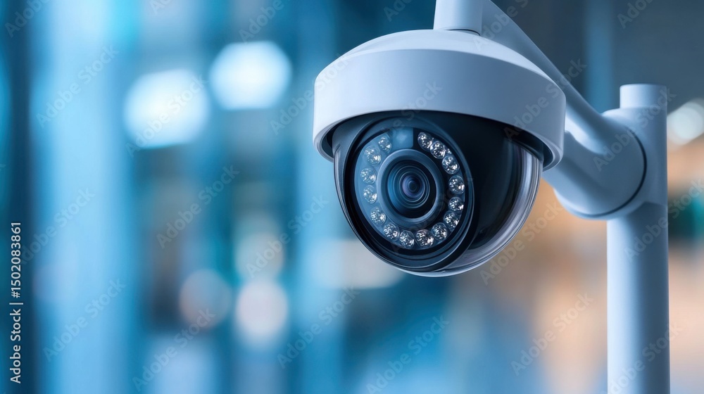 Aufkleber close-up image of a modern security camera with led lights in a soft focus background