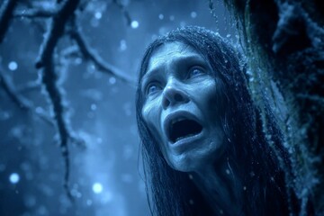 A haunting figure in a snowy forest evoking mystery and suspense with intense expression and c