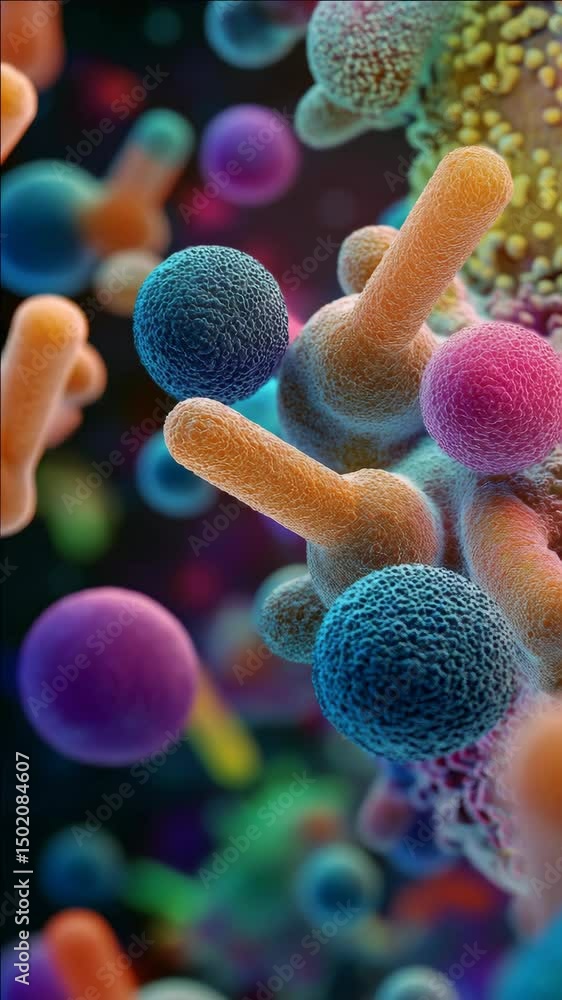 Poster vibrant colored viruses and bacteria under a microscope, the complexity of pathogens and the importa