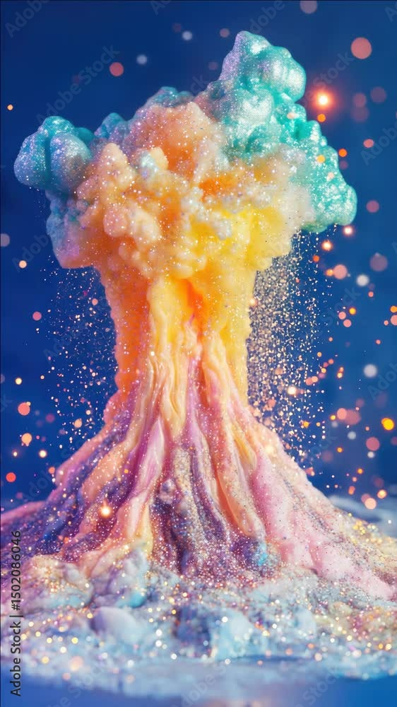 Poster a colorful explosion of glitter and sparkles. the explosion is made of different colors and is on a 