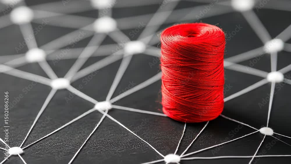 Poster red thread connection: a vibrant red thread spool sits at the heart of an intricate network, symboli