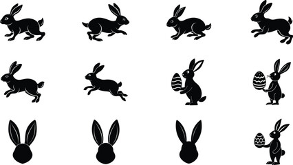 Bunny silhouette vector set, Easter Bunny with egg, bunny ear. Concept of Happy Easter.	