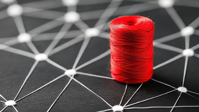 Red Thread Connection: A vibrant red thread spool sits at the heart of an intricate network, symbolizing connections, innovation, and the power of unity in a digital age. 