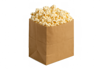 Warm popcorn spilling from crumpled paper bag, kernels cascading against clean background, capturing cinema-style snacking moment