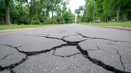 Cracked Asphalt Road Surface with Trees Beside in Urban Landscape Environment