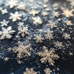 Close-up view of intricate snowflakes on a dark surface.