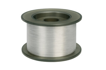 Metallic silver thread wound on a spool with transparent background, ready for use in industrial or crafting projects