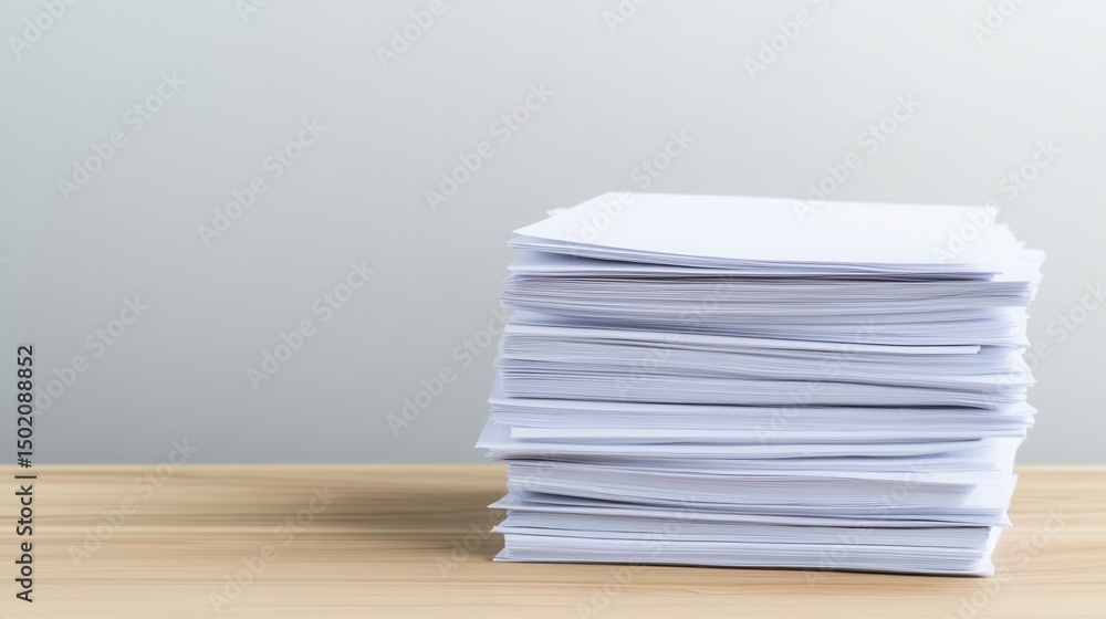 Poster stack of blank a4 papers on a wooden table with light gray background