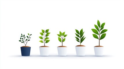 Obraz premium Growth Stages of Green Plants in Simple White Pots on Clean Background