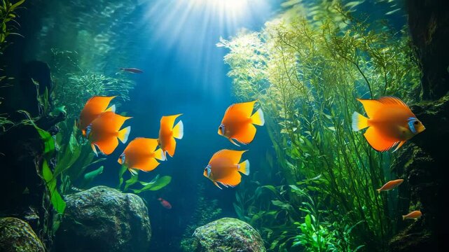 Vibrant red and orange coral reef school of fish. Tropical marine life underwater diving experience.