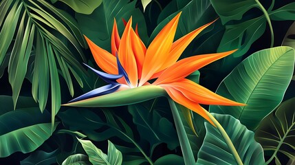 Vibrant bird of paradise flower amidst lush tropical foliage.