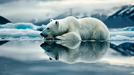 Polar Bear Reflection: Majestic polar bear rests on an ice floe, its reflection mirrored perfectly in the still, icy water, creating a stunning image of arctic wildlife. - Powered by Adobe