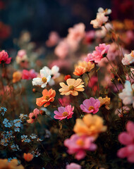 Vibrant Cosmos Flowers in Soft Focus Pink, Orange, and White Blooms in a Garden Setting