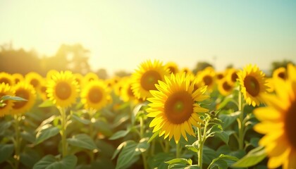 Fototapeta premium Sunflower Field in Summer Sunshine Golden Blooms Against Blue Sky
