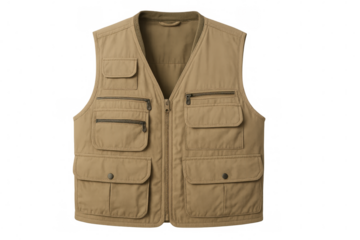 Studio shot of a khaki multi-pocket fishing vest isolated on a transparent background, ideal for outdoor activities