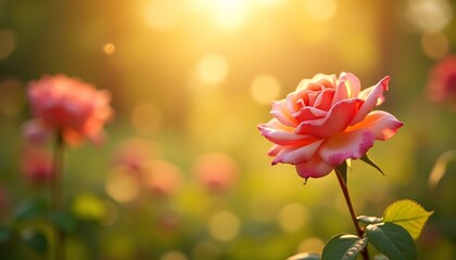 Obraz premium Rose Blossom Blooming in Warm Sunset Light Flower Garden