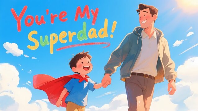 Cartoon illustration of father and son with the words you are my superdad