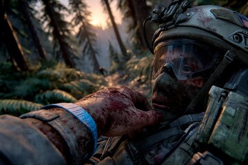 Injured Soldier in Combat Gear Amidst a Dense Forest Environment